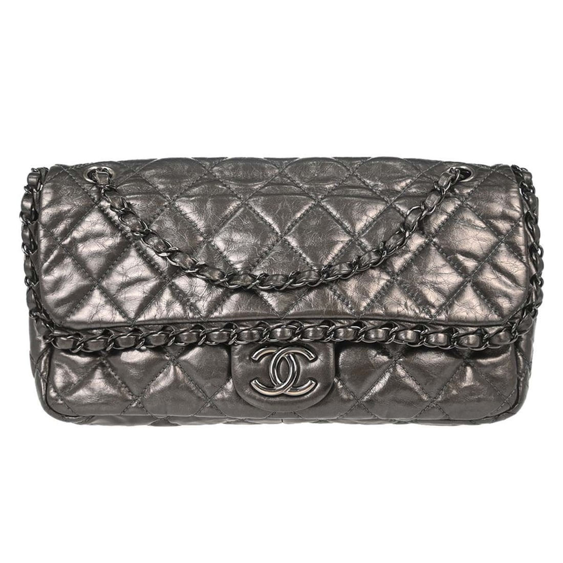 CHANEL Chain Me Luxury Line Medium Flap Shoulder Bag Gray Calfskin: CHANEL Chain Me Luxury Line Medium Flap Shoulder Bag Gray Calfskin Chanel Chain Me Luxury Line flap shoulder bag in gray calfskin with a magnetic closure and chain shoulder strap. The bag features one