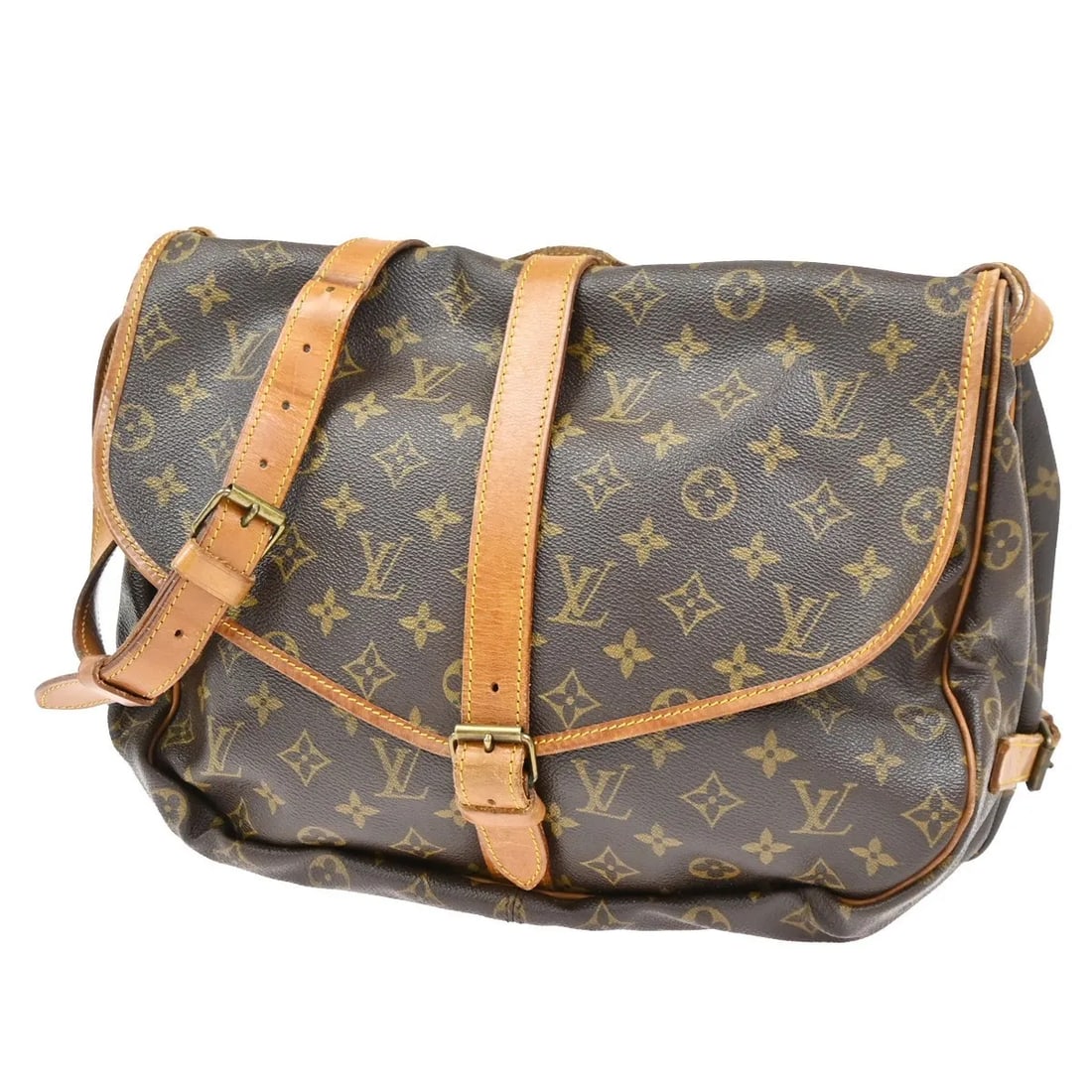 Louis Vuitton Saumur Brown Monogram Canvas Shoulder Bag: Louis Vuitton Saumur Brown Monogram Canvas Shoulder Bag Louis Vuitton Saumur in brown canvas. This unisex bag is in good condition with visible wear throughout, including cracks on the leather, scuffi