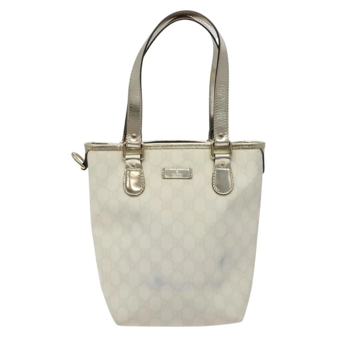 White Canvas Vintage Tote Bag by Gucci Italy 17cm x 22cm x 10cm: White Canvas Vintage Tote Bag by Gucci Italy 17cm x 22cm x 10cm This Gucci vintage tote features the iconic GG canvas in a classic white color. Designed for women, the bag includes leather trim and me
