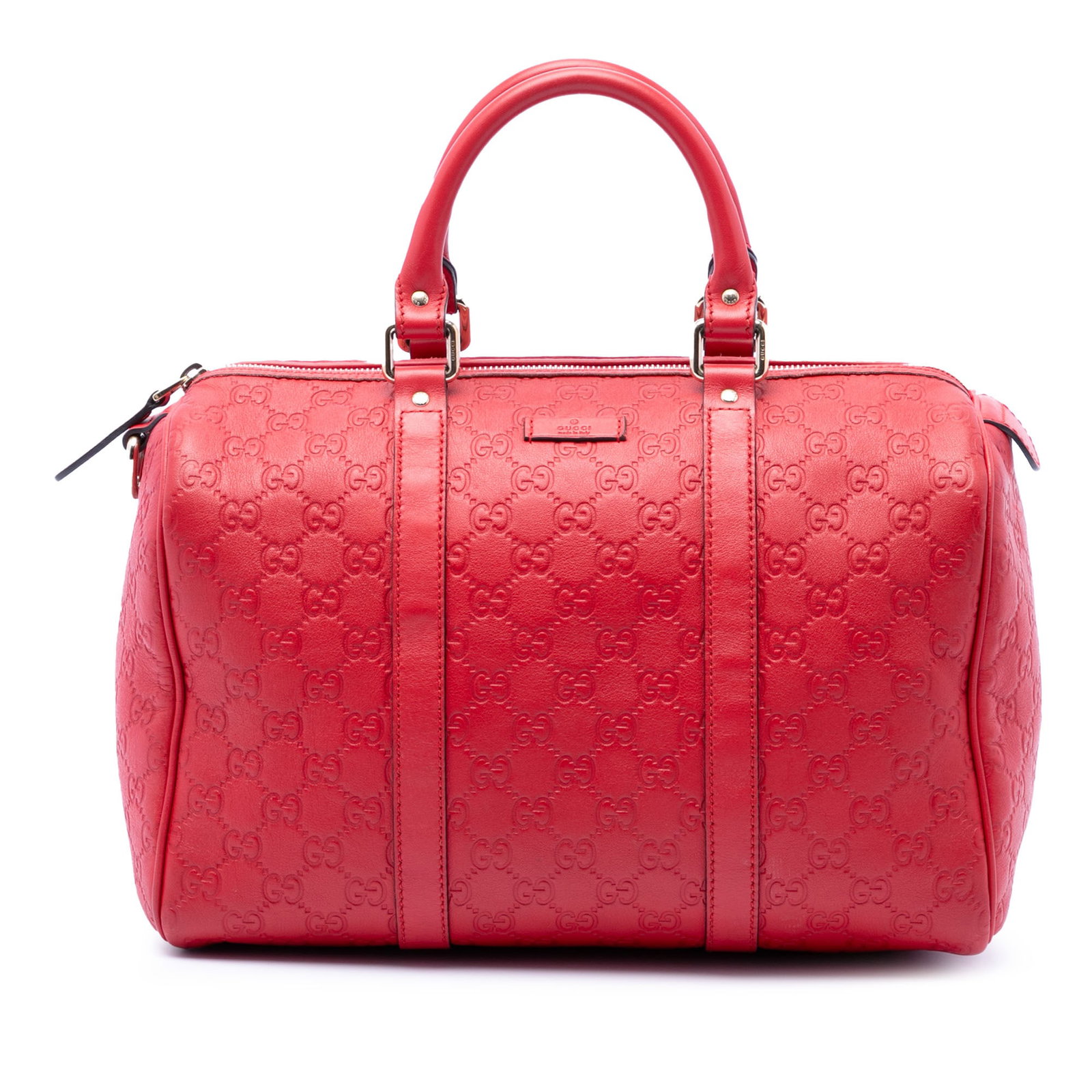 Gucci Joy Boston Bag in Red Guccissima Leather: Gucci Joy Boston Bag in Red Guccissima Leather Medium Guccissima Joy Boston bag in red embossed leather with rolled leather handles, a top zip closure, and an interior slip pocket. Made in Italy. Cond
