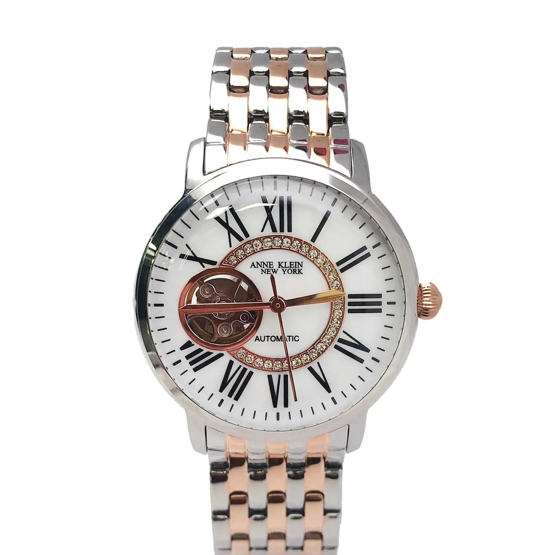 Anne Klein 35mm Automatic Two-Tone MOP Dial Ladies Watch 12/2339MPRT: Anne Klein 35mm Automatic Two-Tone MOP Dial Ladies Watch 12/2339MPRT This elegant Anne Klein ladies' wristwatch features a 35mm round case made of polished stainless steel with a sophisticated gray fi