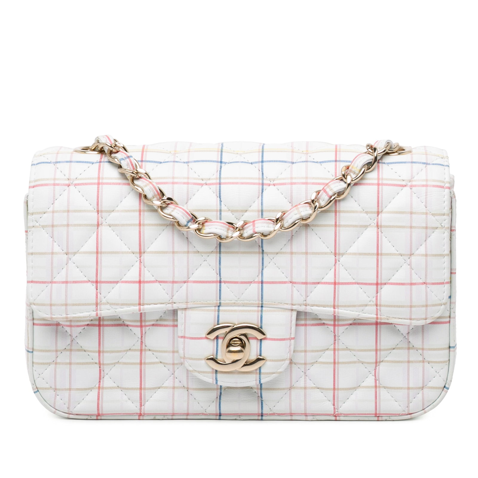 Chanel Mini Rectangular Printed Calfskin Quilted Flap Shoulder Bag: Chanel Mini Rectangular Printed Calfskin Quilted Flap Shoulder Bag This Chanel Mini Rectangular Classic Printed Calfskin Single Flap bag features a quilted and printed calfskin leather exterior in whi
