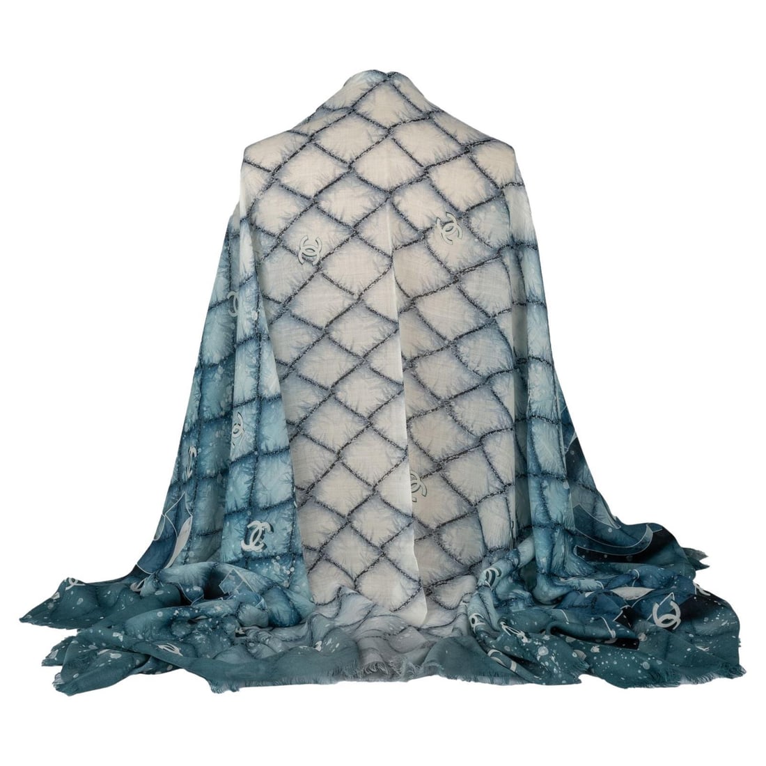 Chanel Cashmere Shawl Space Blue Checkered CC Logo Italy: Chanel Cashmere Shawl Space Blue Checkered CC Logo Italy Elevate your wardrobe with this exquisite Chanel cashmere shawl in a sophisticated space blue shade. Designed by Chanel, this luxurious shawl f