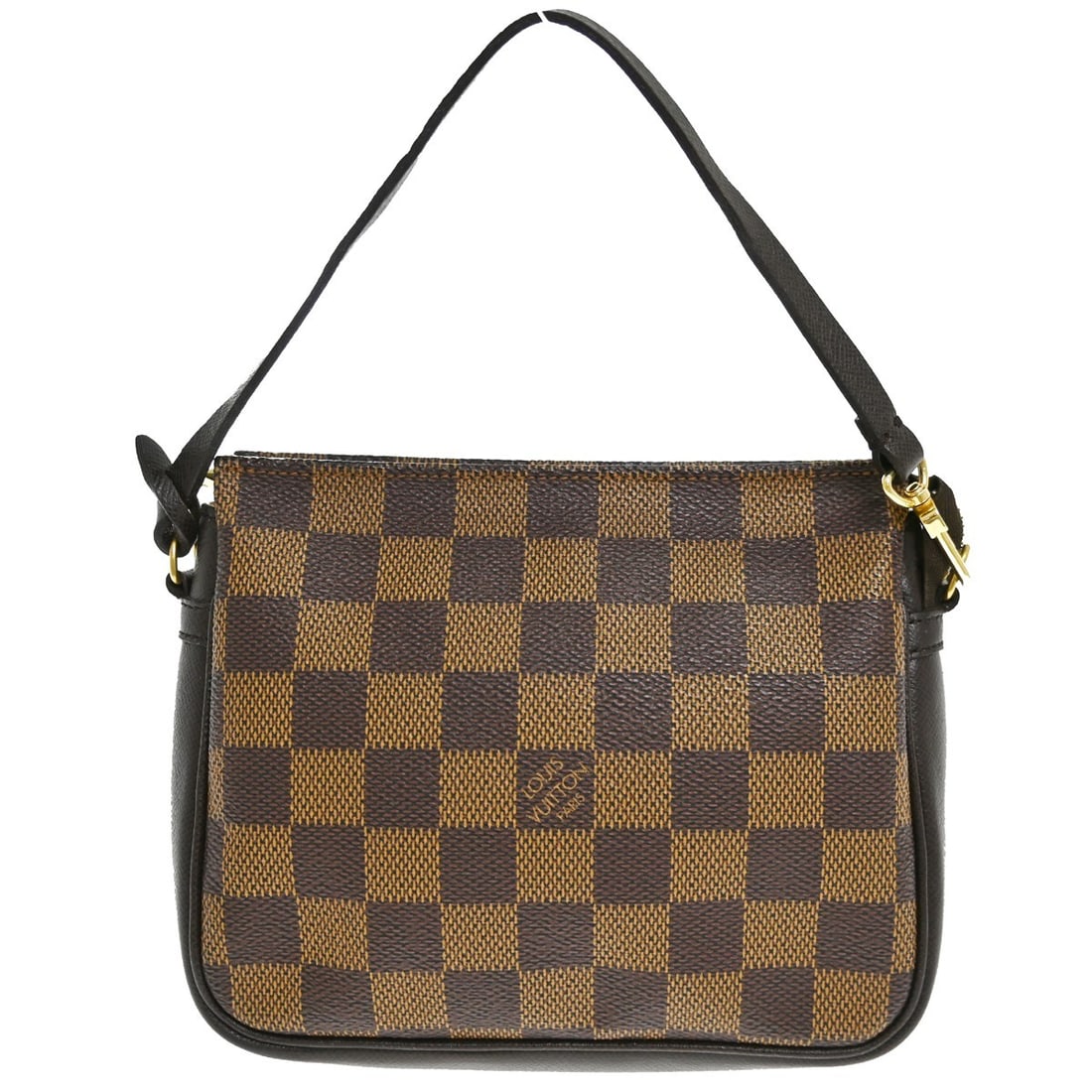 Louis Vuitton Trousse Makeup Mini Top Handle Bag Damier Ebene N51982: Louis Vuitton Trousse Makeup Mini Top Handle Bag Damier Ebene N51982 Louis Vuitton Trousse Makeup handbag in Damier canvas with leather trim and a top handle. This mini brown handbag features a zip cl