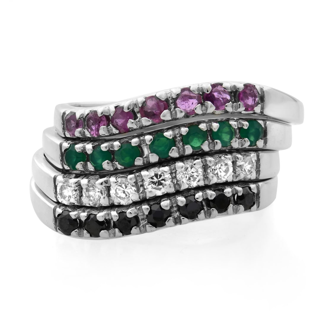 Rachel Koen 18K White Gold Multi Band Ring Size 9: Rachel Koen 18K White Gold Multi Band Ring Size 9 This Rachel Koen statement ring features a multi-band design crafted in 18K white gold. The set includes four individual bands, each adorned with natu
