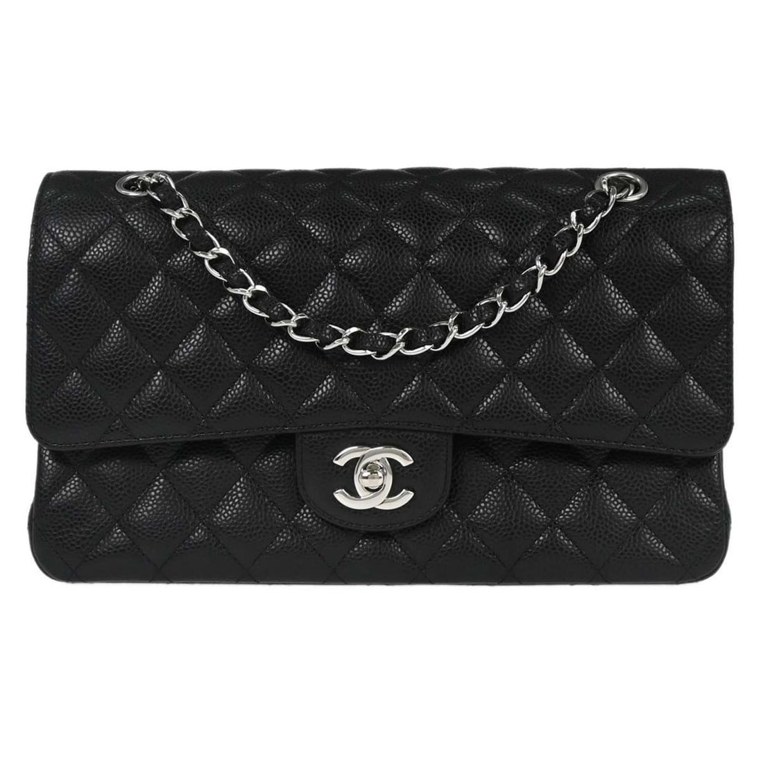 CHANEL Classic Double Flap Medium Black Calfskin Shoulder Bag: CHANEL Classic Double Flap Medium Black Calfskin Shoulder Bag Chanel Medium Classic Double Flap shoulder bag in black caviar skin leather with a turn-lock closure and shoulder strap. This women's bag 