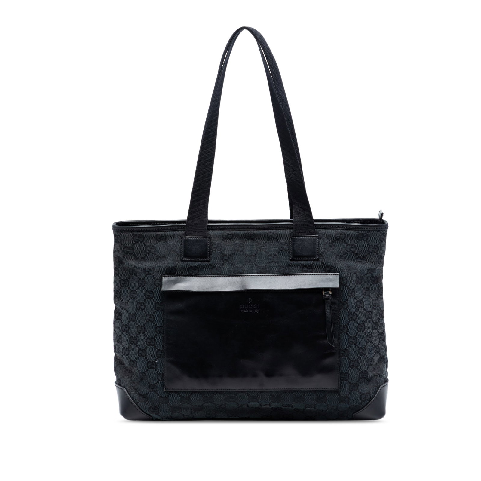 Black GG Canvas Tote Bag with Leather Trim by Gucci: Black GG Canvas Tote Bag with Leather Trim by Gucci This Gucci GG Canvas Tote features a durable canvas body with leather trim and flat leather straps. It is designed with a top zip closure, an exteri