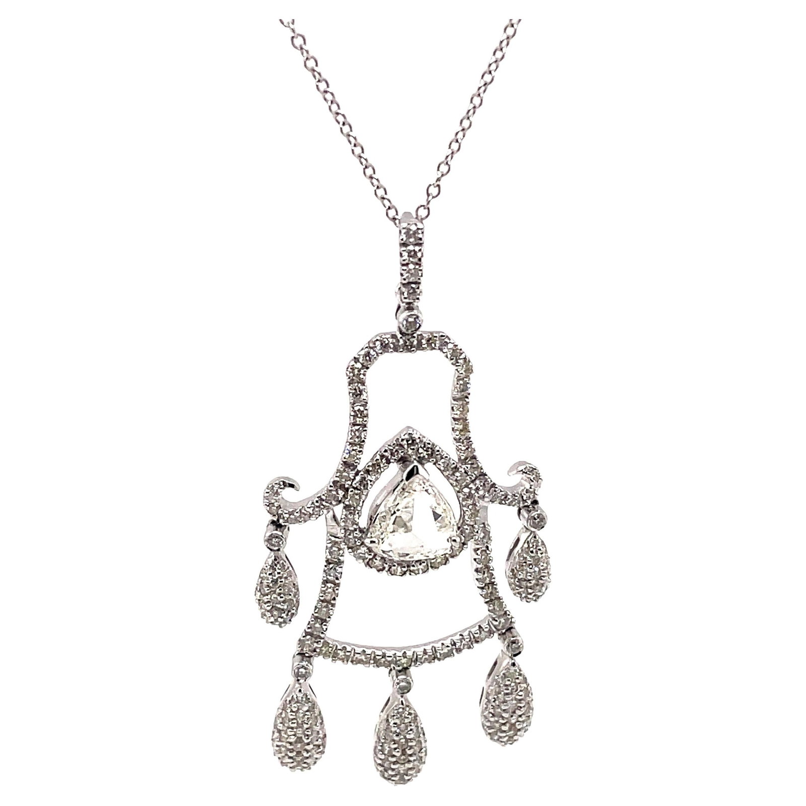 2.64ct Rose Cut and Round Diamond Necklace in 18k White Gold: 2.64ct Rose Cut and Round Diamond Necklace in 18k White Gold This exquisite pendant necklace features a stunning combination of rose cut and round diamonds, beautifully set in 18k white gold. The neck