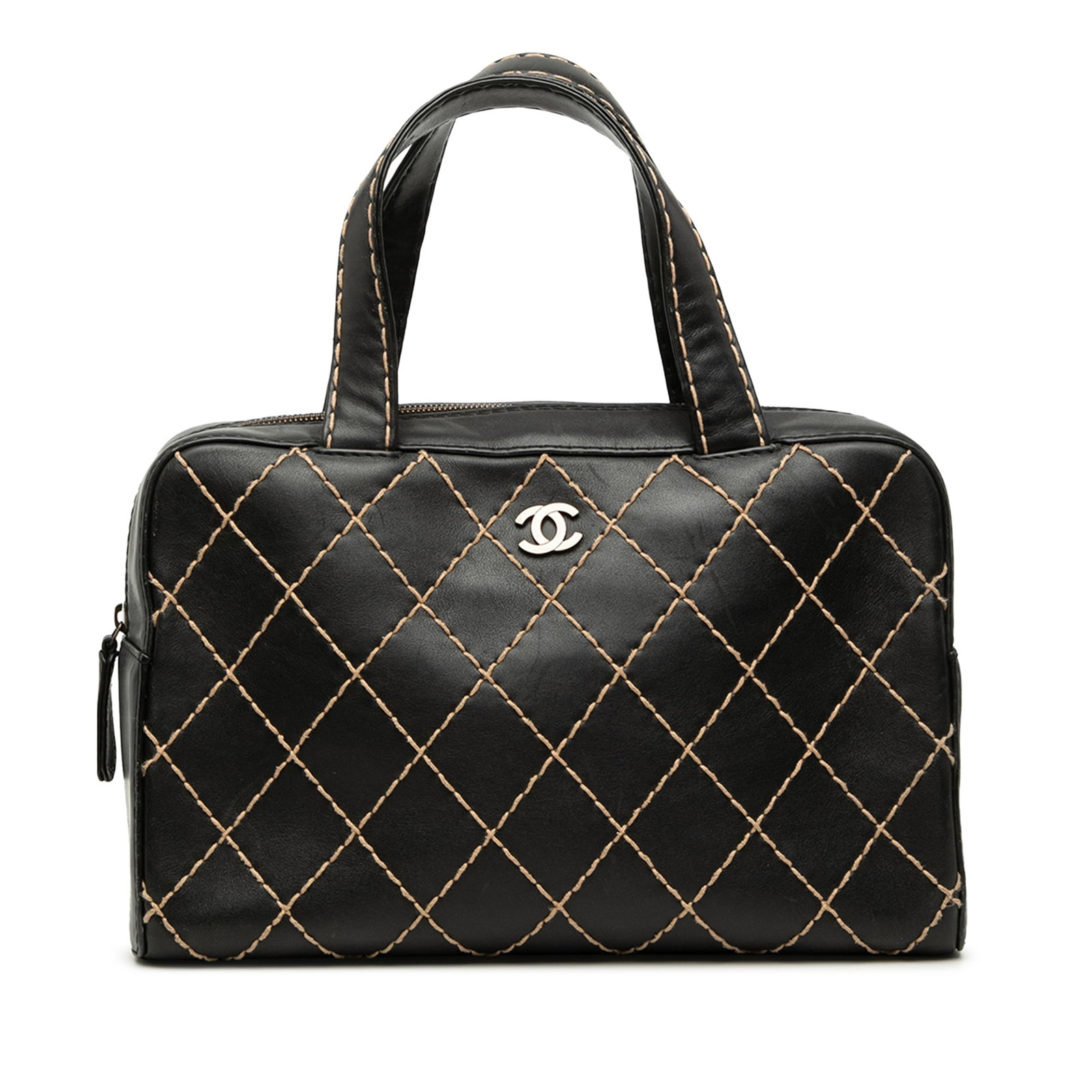 Chanel Wild Stitch CC Lambskin Leather Zip Tote Bag: Chanel Wild Stitch CC Lambskin Leather Zip Tote Bag Chanel CC Wild Stitch handbag crafted in black quilted lambskin leather. This handbag features flat leather handles, a top zip closure, an exterior 