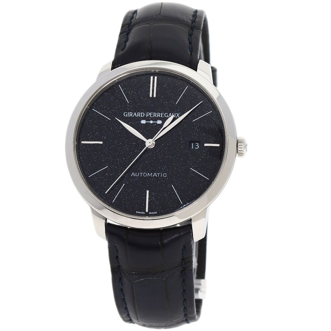 Girard Perregaux 1966 Orion Aventurine Automatic Wristwatch: Girard Perregaux 1966 Orion Aventurine Automatic Wristwatch This Girard Perregaux 1966 Orion Aventurine men's wristwatch features a stainless steel case paired with a navy blue leather band. The watch
