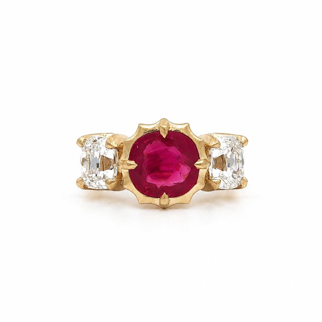 GIA Certified 18k Yellow Gold Ring with No Heat Burma Ruby and 2 Old Mine Diamonds: GIA Certified 18k Yellow Gold Ring with No Heat Burma Ruby and 2 Old Mine Diamonds Cocktail ring featuring a natural cushion-cut Burma ruby with no indications of heating, accented by two old mine cut