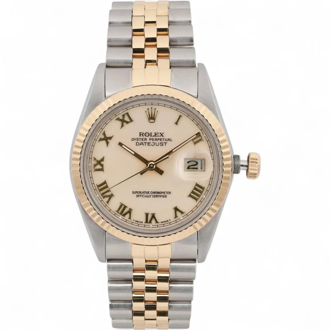 Rolex Datejust 16013 36mm Steel and 18K Gold Watch Cream Roman Dial With Box Papers: Rolex Datejust 16013 36mm Steel and 18K Gold Watch Cream Roman Dial With Box Papers This exquisite Rolex Datejust wristwatch combines luxury and timeless appeal. Crafted in a stunning combination of 1