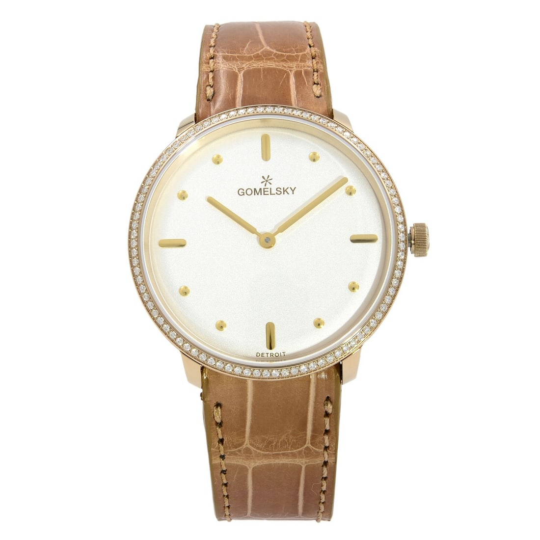 Gomelsky Audry womens quartz dress watch white dial diamond bezel: Gomelsky Audry womens quartz dress watch white dial diamond bezel The Gomelsky Audry G0120112280 is a ladies dress wristwatch with a white analog dial and non-numeric hour markers. Powered by a quartz