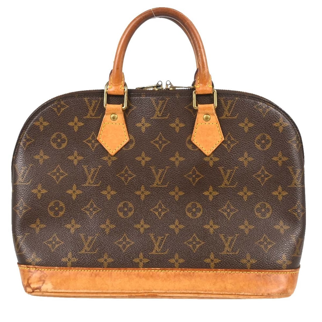 Louis Vuitton Alma M51130 Monogram Canvas Top Handle Bag: Louis Vuitton Alma M51130 Monogram Canvas Top Handle Bag Vintage Louis Vuitton Alma handbag in brown Monogram canvas with leather trim and double handles. This medium handbag features a zip closure, l