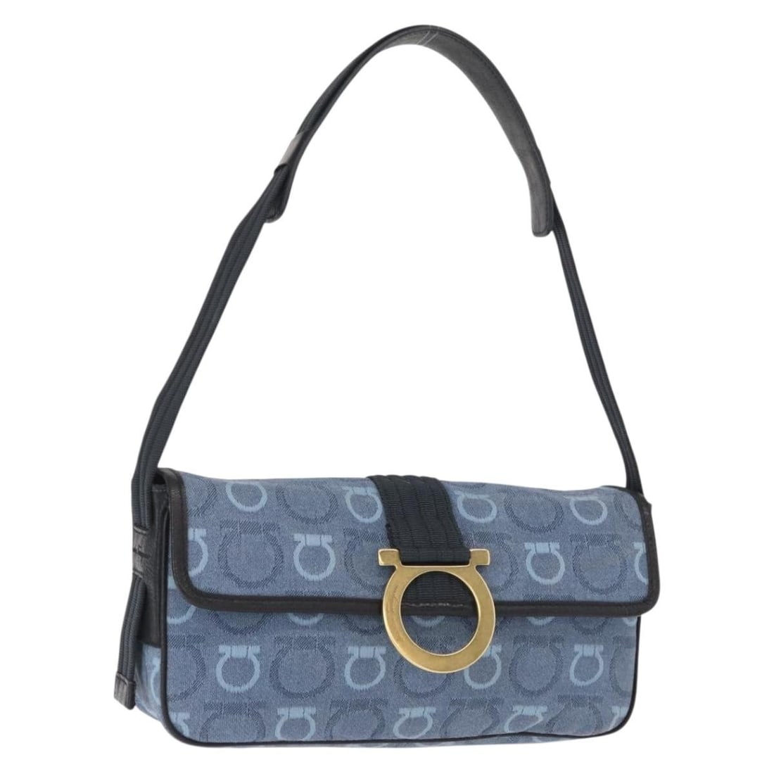 Gancini Canvas Shoulder Bag by Salvatore Ferragamo Navy Gold with Dust Bag: Gancini Canvas Shoulder Bag by Salvatore Ferragamo Navy Gold with Dust Bag This Salvatore Ferragamo Gancini shoulder bag is crafted from navy canvas with gold-tone accents. It features a compact and e