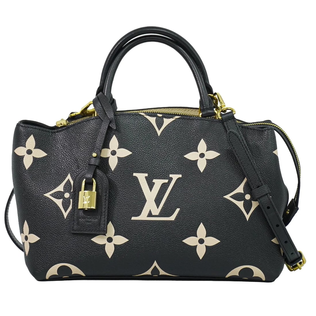Louis Vuitton Petit Palais leather handbag in black: Louis Vuitton Petit Palais leather handbag in black Louis Vuitton Petit Palais handbag in black bicolor Monogram Empreinte giant leather. Made in Spain, this women's bag is presented in very good cond