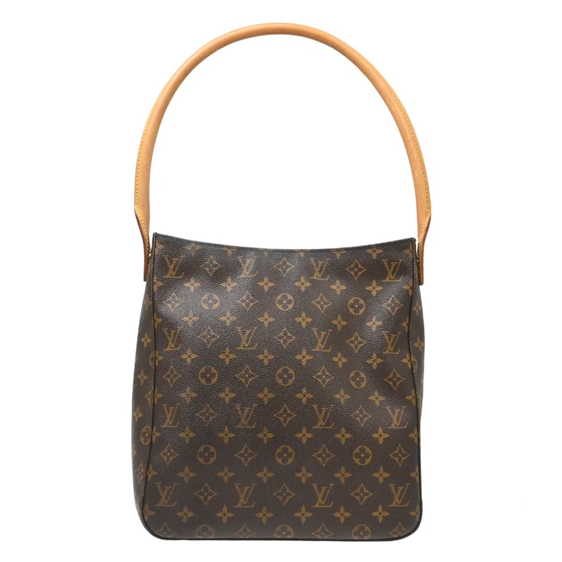 Louis Vuitton Looping GM Monogram Shoulder Bag M51145: Louis Vuitton Looping GM Monogram Shoulder Bag M51145 Vintage Louis Vuitton Looping GM shoulder bag in brown Monogram canvas with leather trim and a beige leather shoulder strap. The bag features an i