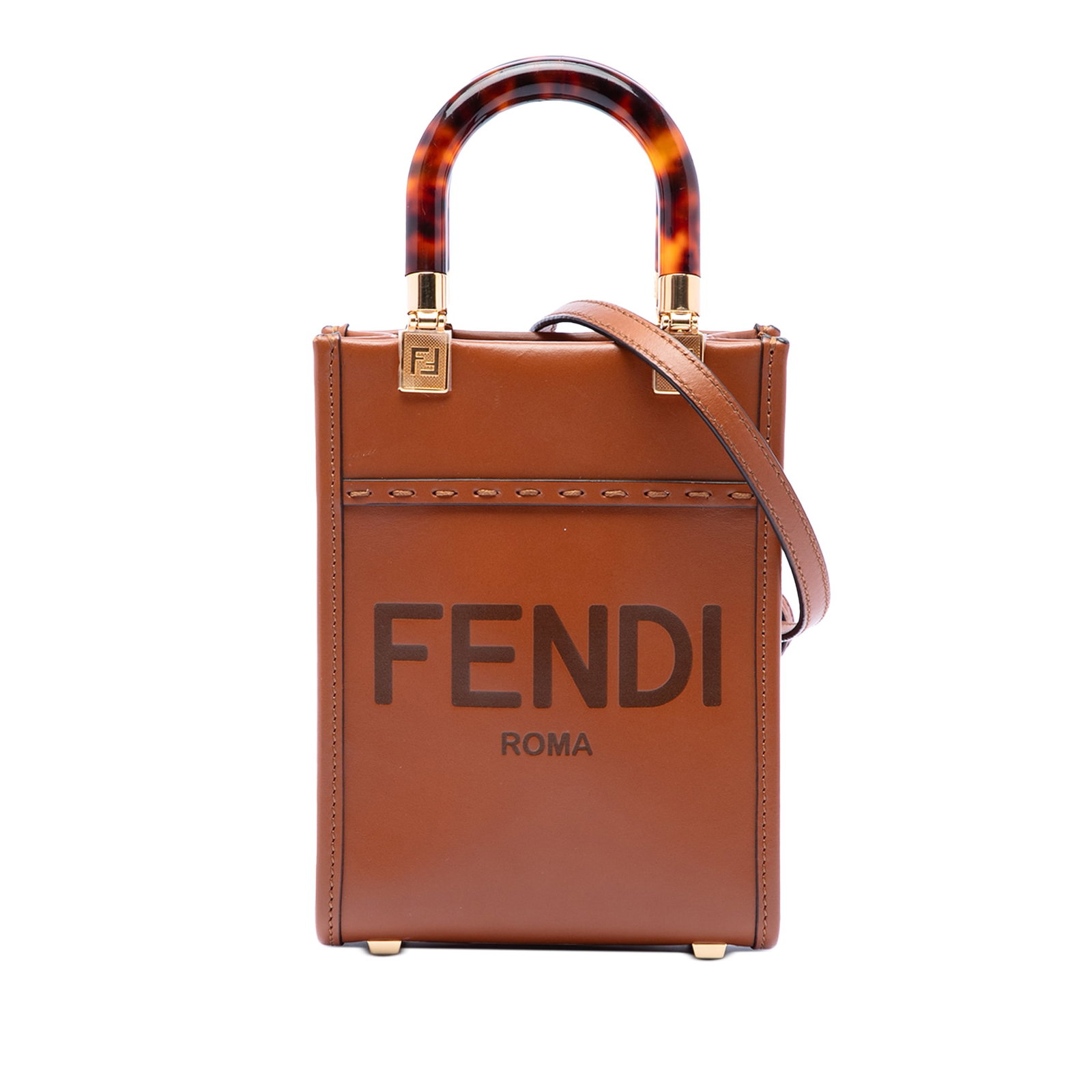 Fendi Sunshine Shopper Mini Brown Leather Tote Bag: Fendi Sunshine Shopper Mini Brown Leather Tote Bag Fendi Mini Sunshine Shopper tote crafted in brown leather with acrylic top handles, a detachable flat leather shoulder strap, and an open-top design.