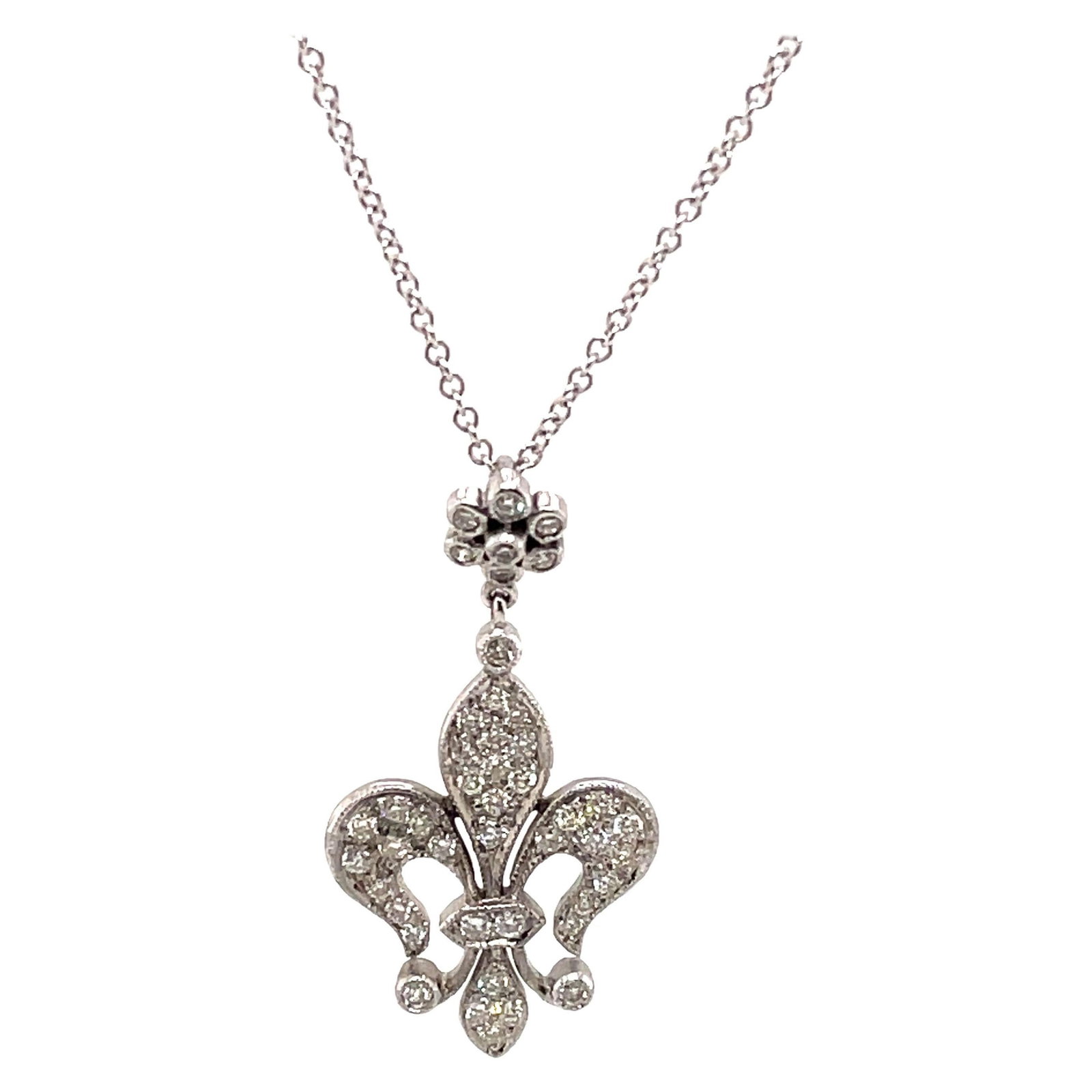 18k White Gold Fleur De Lis Diamond Pendant Necklace 0.48 ct: 18k White Gold Fleur De Lis Diamond Pendant Necklace 0.48 ct This exquisite Fleur De Lis design pendant necklace features a stunning arrangement of round brilliant diamonds, totaling 0.48 carats, with
