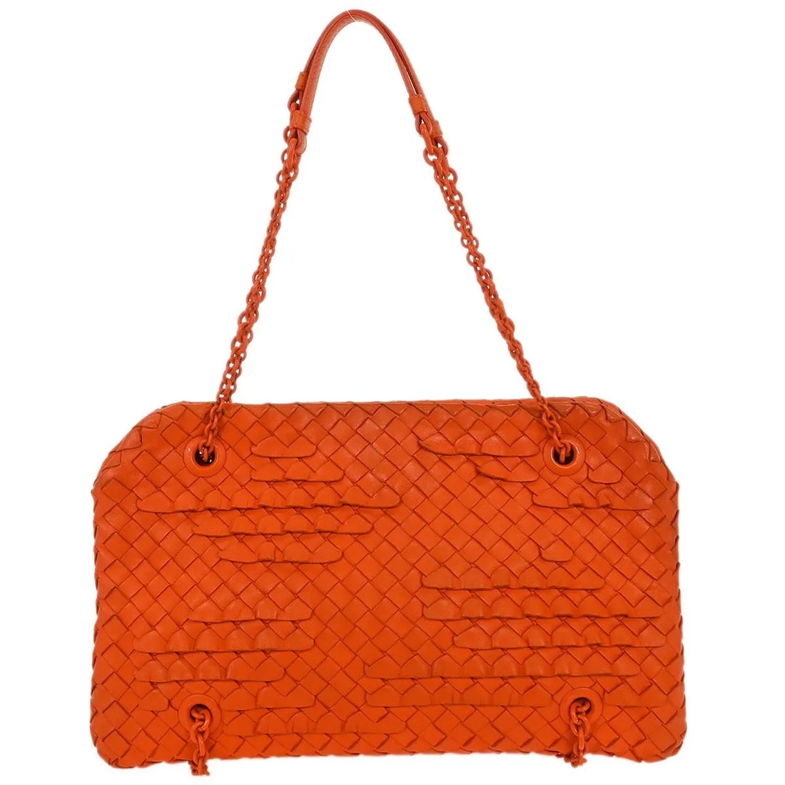 Bottega Veneta Intrecciato Orange Leather Shoulder Bag: Bottega Veneta Intrecciato Orange Leather Shoulder Bag This Bottega Veneta Intrecciato shoulder bag is crafted from orange leather and showcases the brand's signature woven design. Made in Italy, it o