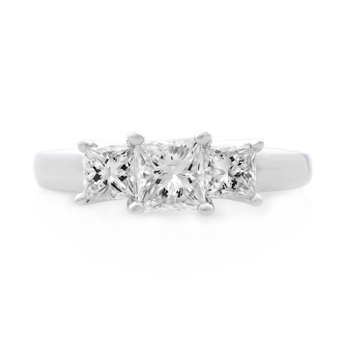 Rachel Koen 14K White Gold Three-Stone Princess Cut Diamond Ring 1.06 Cttw: Rachel Koen 14K White Gold Three-Stone Princess Cut Diamond Ring 1.06 Cttw This exquisite three-stone engagement ring features a stunning princess cut diamond centerpiece, elegantly crafted in 14K whi