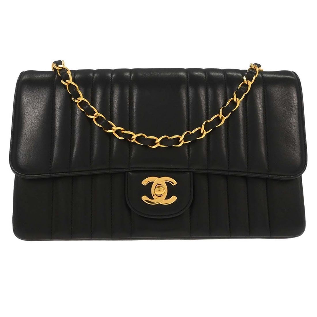 Chanel Mademoiselle Single Flap Black Lambskin Shoulder Bag: Chanel Mademoiselle Single Flap Black Lambskin Shoulder Bag Chanel Mademoiselle Single Flap shoulder bag in black lambskin leather with vertical stitch quilting and a turn-lock closure. This medium sh