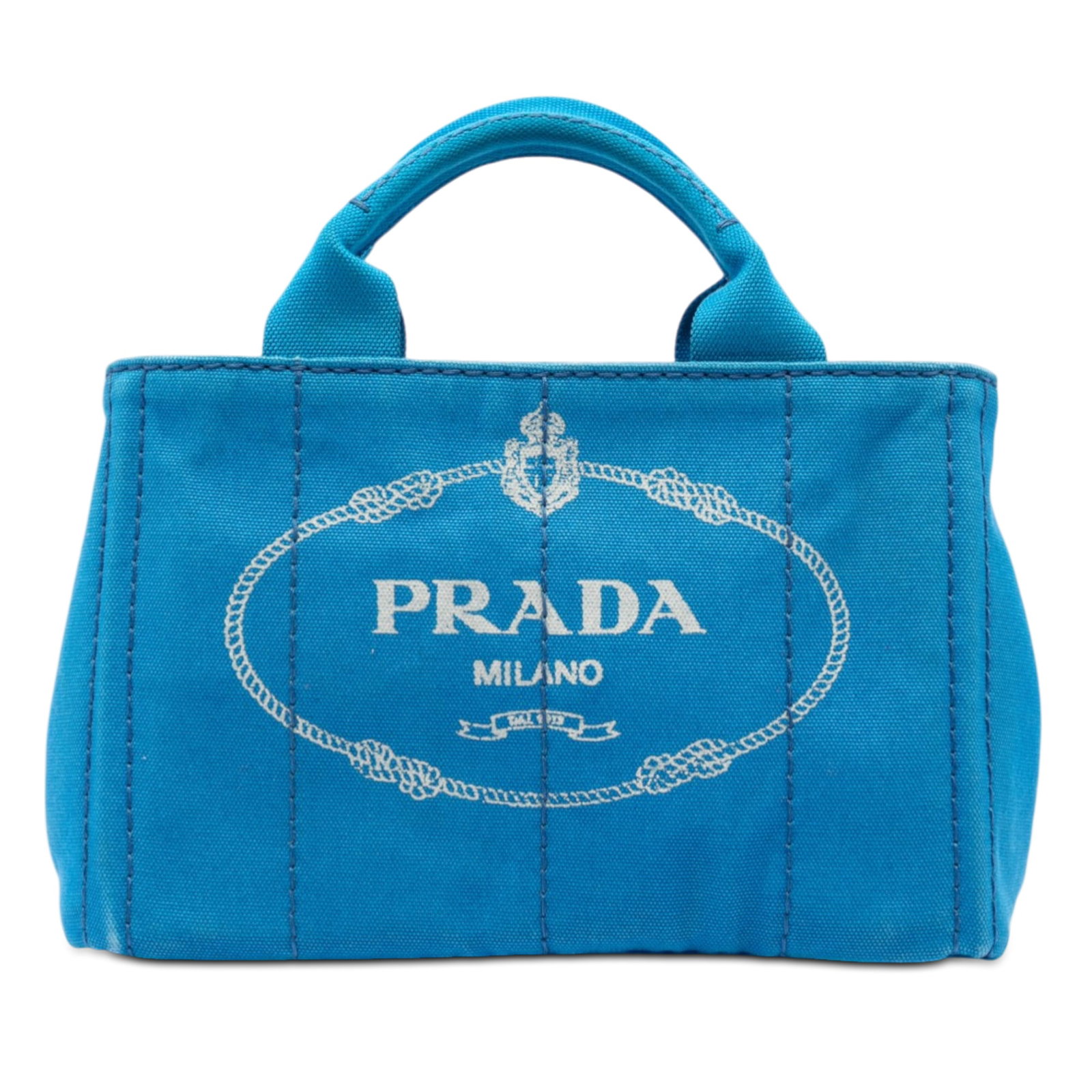 Prada Canapa Blue Canvas Satchel with Logo Detailing: Prada Canapa Blue Canvas Satchel with Logo Detailing This Prada Small Canvas Canapa Logo Satchel features a durable blue canvas body with rolled handles, an open top design, and interior zip and slip 