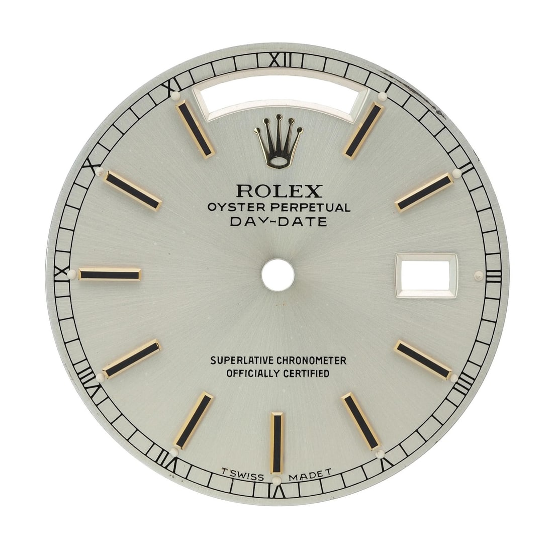 Silver Stick Dial for Rolex Day-Date 36mm Reference 18238: Silver Stick Dial for Rolex Day-Date 36mm Reference 18238 This is a pre-owned Rolex President Day-Date 36mm silver stick dial, designed specifically for the Rolex Day-Date model 18238. The dial featur