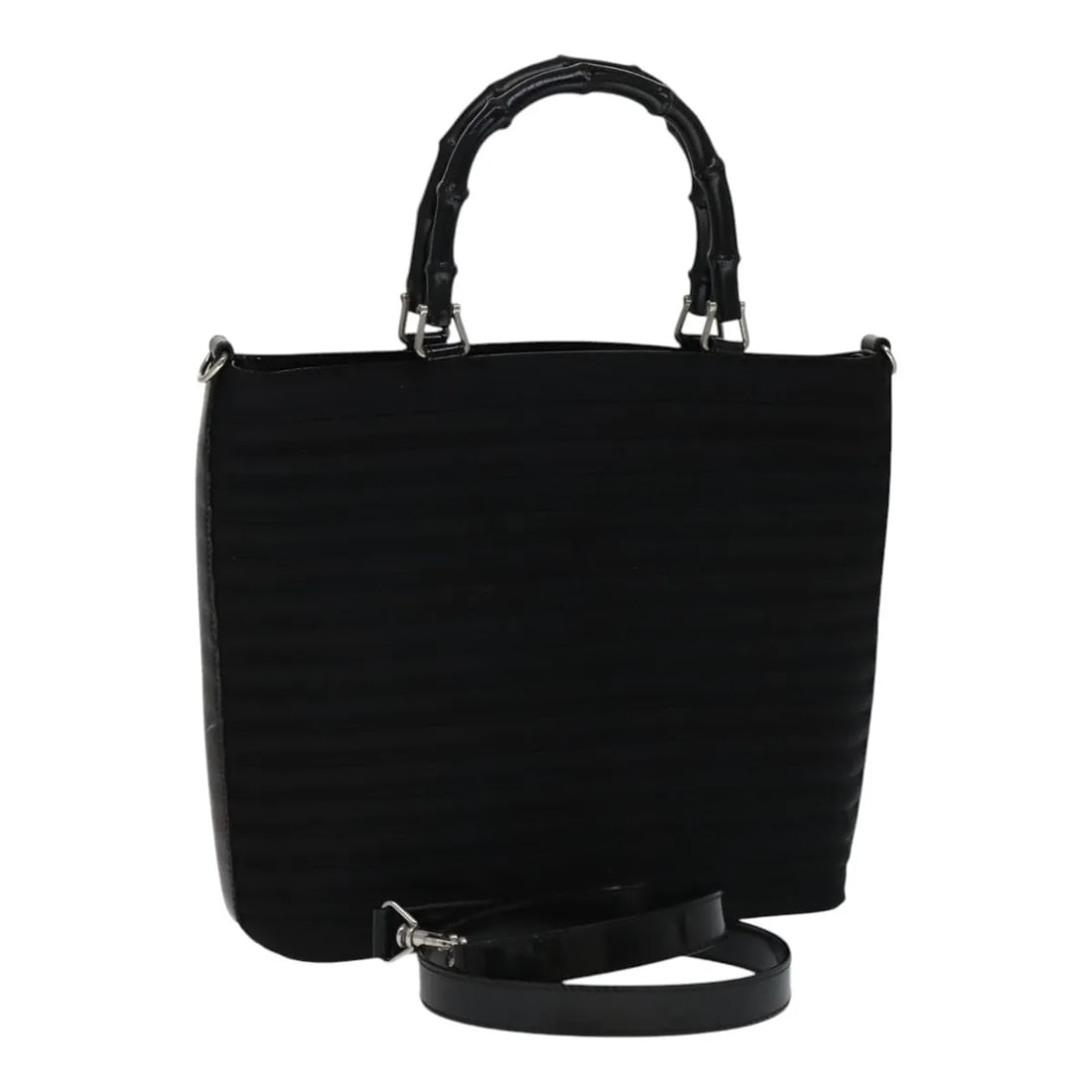 Gucci Vintage Bamboo Handle Nylon Bag Black 27cm x 24cm x 9cm: Gucci Vintage Bamboo Handle Nylon Bag Black 27cm x 24cm x 9cm This Gucci Vintage Bamboo Handle Bag features a classic design crafted from black nylon, complemented by the iconic bamboo handle. Made in