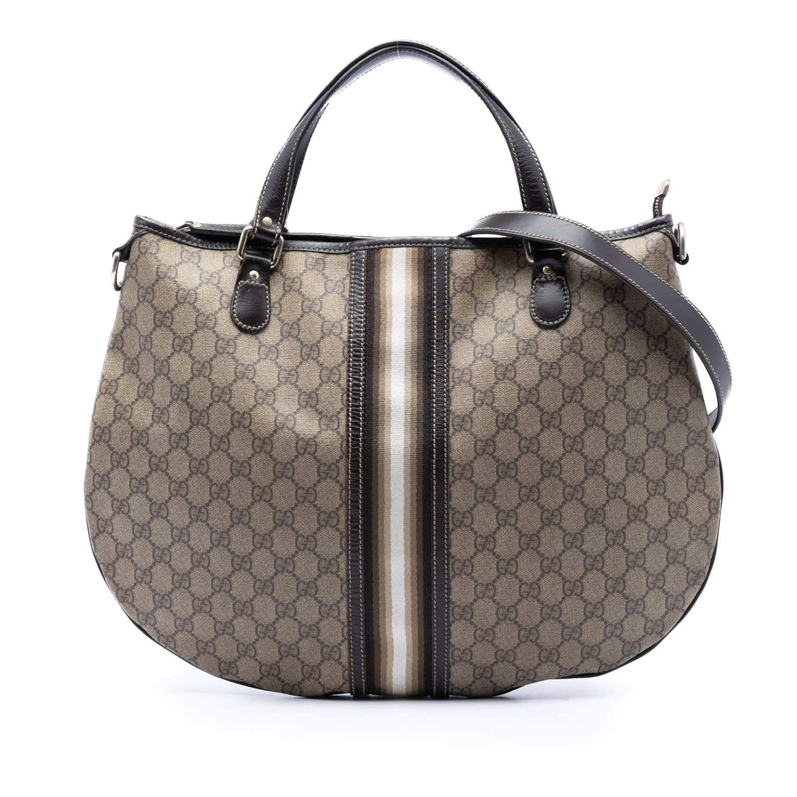 Gucci GG Supreme Hobo Bag with Web Stripe Beige: Gucci GG Supreme Hobo Bag with Web Stripe Beige Gucci GG Supreme Web Hobo bag in beige with a coated canvas body, leather trim, and front web detailing. It features an adjustable and detachable flat l