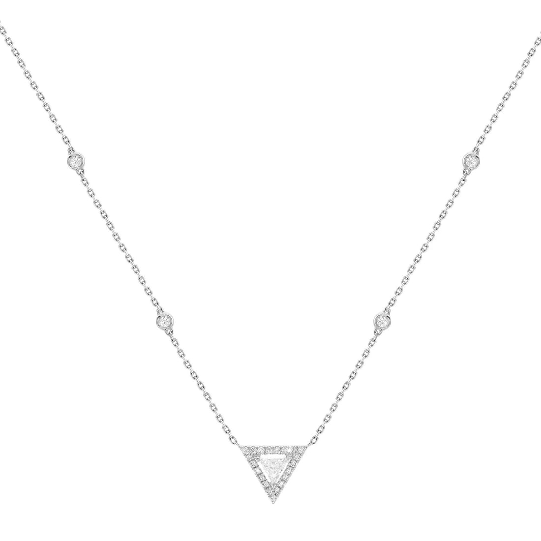 Messika Thea 0.47ct Diamond Pendant Necklace 18K White Gold 17.5in: Messika Thea 0.47ct Diamond Pendant Necklace 18K White Gold 17.5in Experience luxury with this exquisite Messika Thea necklace, featuring a striking prong set triangular diamond at its center, surroun