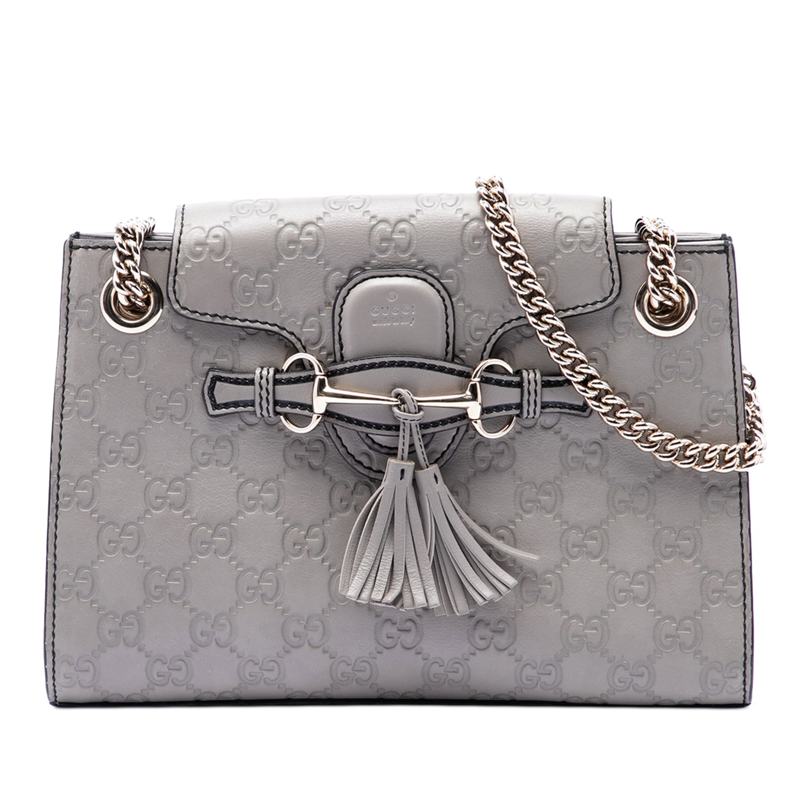 Gucci Emily Small Guccissima Leather Shoulder Bag Gray: Gucci Emily Small Guccissima Leather Shoulder Bag Gray Gucci Small Guccissima Emily Shoulder Bag in gray embossed leather. This shoulder bag features chain link straps with leather shoulder guards, a 