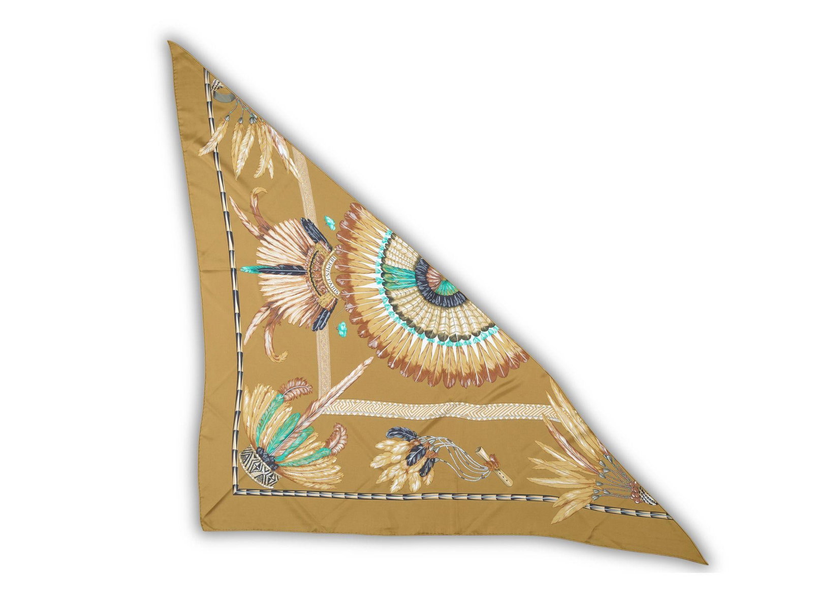 Hermes Triangle Scarf Kachinas Design by Kermit Oliver with Box: Hermes Triangle Scarf Kachinas Design by Kermit Oliver with Box Hermes "Kachinas" Giant Triangle scarf is a highly collectible accessory designed by Kermit Oliver. It features detailed illustrations o