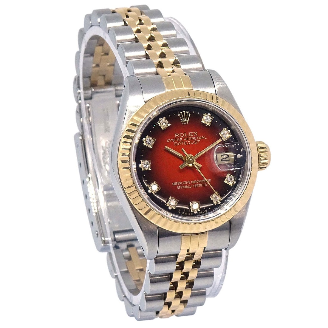 Rolex Datejust 69173 Womens 26 mm Automatic Wristwatch Red Dial: Rolex Datejust 69173 Womens 26 mm Automatic Wristwatch Red Dial Rolex Oyster Perpetual Datejust Ref. 69173 wristwatch with a self-winding mechanical movement and classic two-tone stainless steel and 1