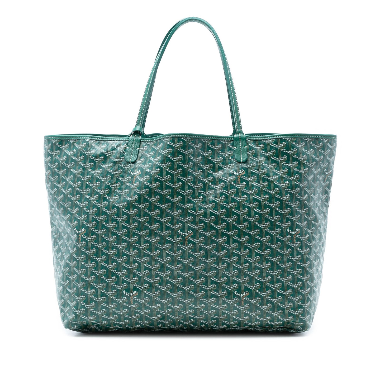 Goyard Saint Louis GM Green Coated Canvas Tote Bag: Goyard Saint Louis GM Green Coated Canvas Tote Bag Goyardine Saint Louis GM tote bag in green coated canvas with leather trim and flat leather handles. This open-top bag is made in France. Condition i