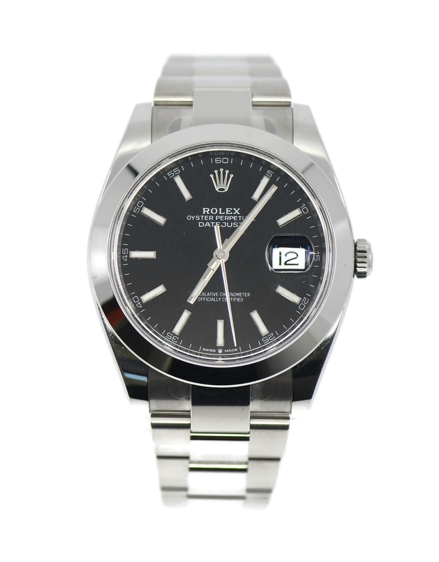 Rolex Datejust 126300 Stainless Steel Automatic Wristwatch: Rolex Datejust 126300 Stainless Steel Automatic Wristwatch This pre-owned Rolex Datejust 126300 wristwatch features a 41 mm polished stainless steel case with a smooth silver bezel and a sunburst-patt