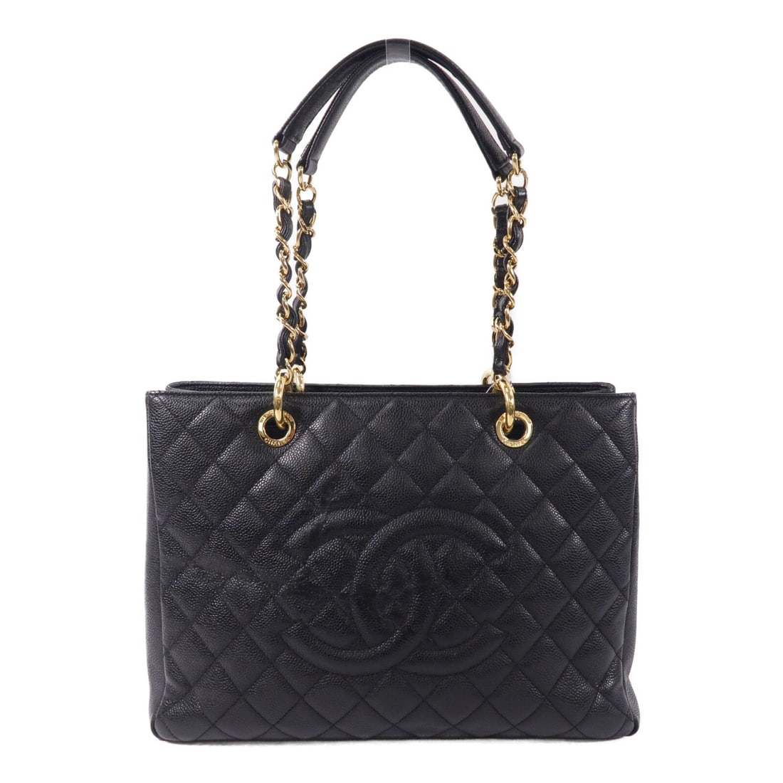CHANEL GST Black Calfskin Shoulder Tote GHW: CHANEL GST Black Calfskin Shoulder Tote GHW This CHANEL Grand Shopping Tote (GST) is crafted from luxurious black calfskin leather and features the iconic CC logo with gold-tone hardware. Designed as 
