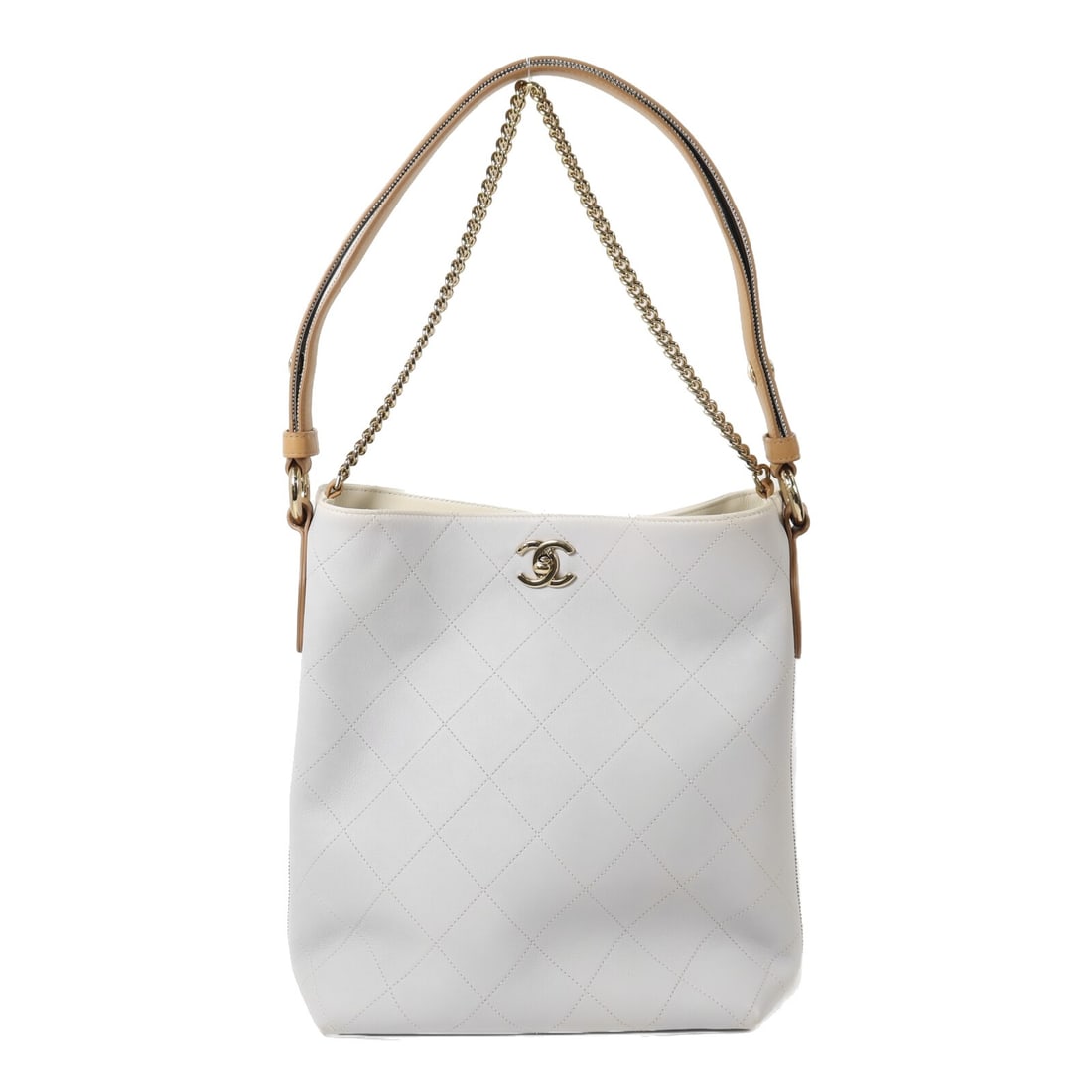 CHANEL CC GHW Calfskin White Hobo 2 Way Shoulder Bag: CHANEL CC GHW Calfskin White Hobo 2 Way Shoulder Bag This CHANEL 2-way shoulder bag features a classic button-up hobo design crafted from luxurious calfskin leather in a sophisticated blend of white, 