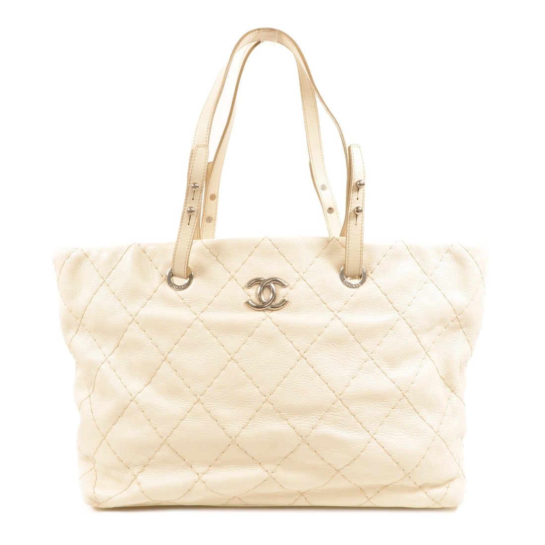 CHANEL Calfskin Leather Tote Shoulder Bag in White: CHANEL Calfskin Leather Tote Shoulder Bag in White White Chanel tote bag crafted from calfskin leather. This shoulder bag is designed for women and shows reasonable wear and tear consistent with condi
