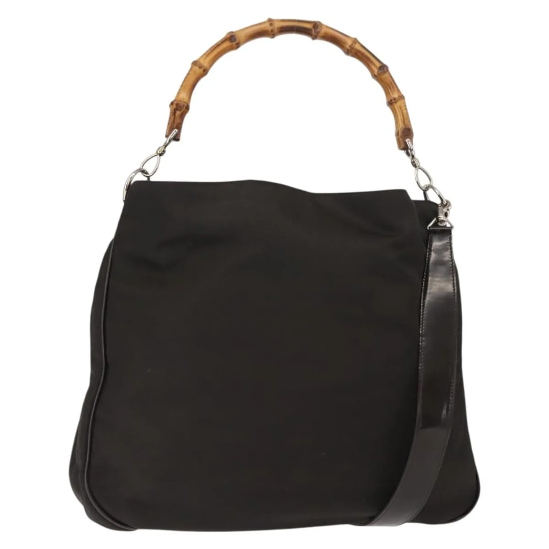 Gucci Nylon Vintage Bamboo Shoulder Bag Brown 40cm by 26cm by 10cm: Gucci Nylon Vintage Bamboo Shoulder Bag Brown 40cm by 26cm by 10cm This vintage Gucci shoulder bag for women features a brown nylon body with bamboo details. It offers a stylish and functional design 