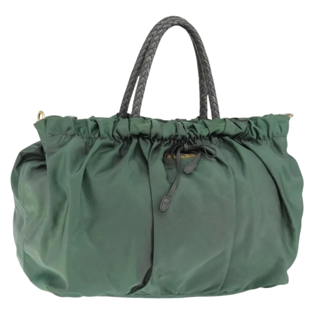Prada Green Nylon Convertible Bow Tote Handbag Italy: Prada Green Nylon Convertible Bow Tote Handbag Italy This pre-owned Prada Convertible Bow Tote is crafted from green nylon and is designed for women. The bag features gold-tone metal fittings and exhi