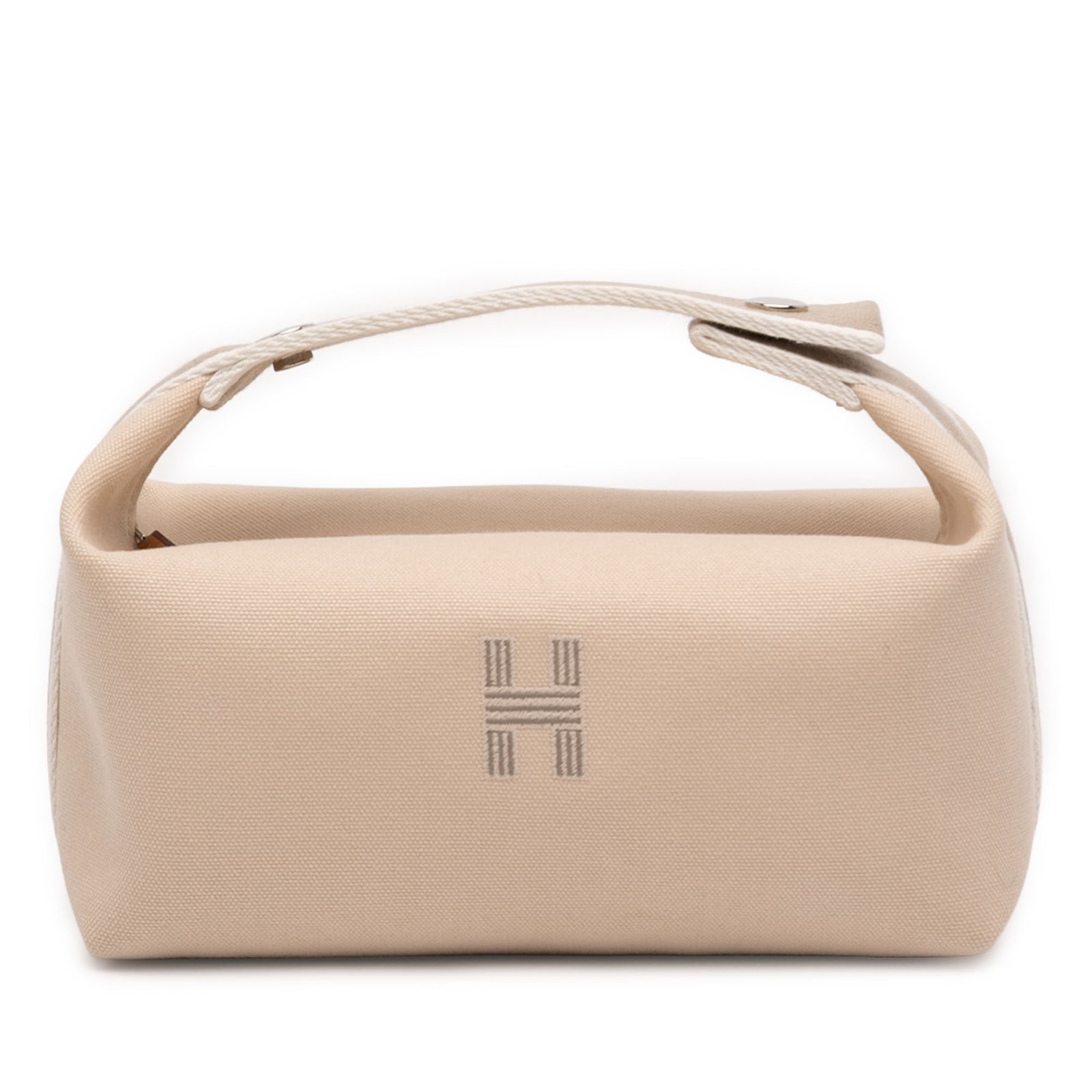 Hermes Bride A Brac Small Toile Cosmetic Case: Hermes Bride A Brac Small Toile Cosmetic Case Hermes Bride-A-Brac case in small size, crafted in beige toile canvas with a flat handle, top zip closure, and interior slip pockets. Condition is AB with