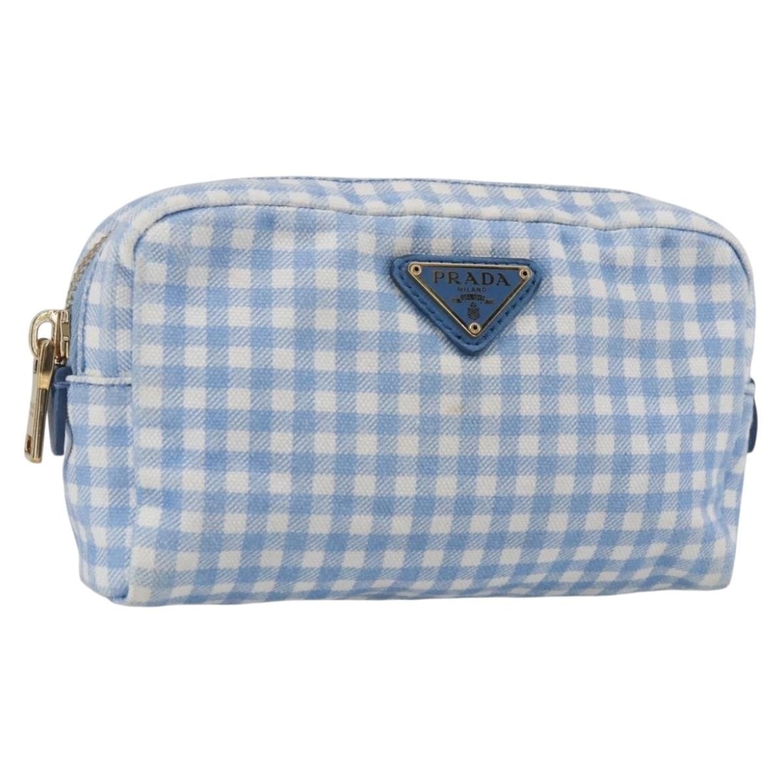 Prada Canvas Pouch Light Blue Gold Tone with Guarantee Card: Prada Canvas Pouch Light Blue Gold Tone with Guarantee Card Prada women's canvas pouch in light blue with gold-tone accents, made in Italy. This compact pouch includes the guarantee card and shows rea