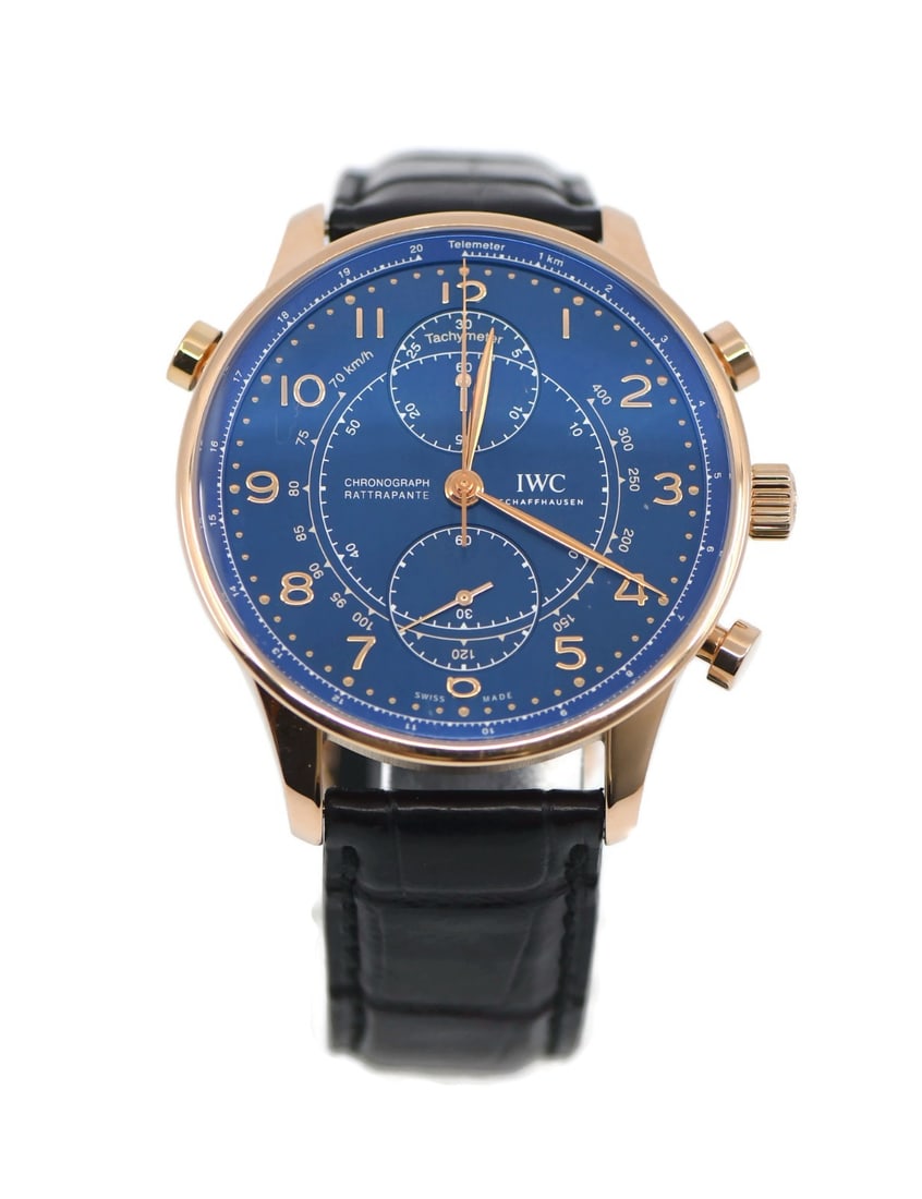 IWC Portuguese Rattrapante Rose Gold Automatic Men's Watch IW371215: IWC Portuguese Rattrapante Rose Gold Automatic Men's Watch IW371215 This IWC Portuguese Rattrapante wristwatch features a 41mm round case crafted from 18K rose gold, paired with a smooth bezel and a s
