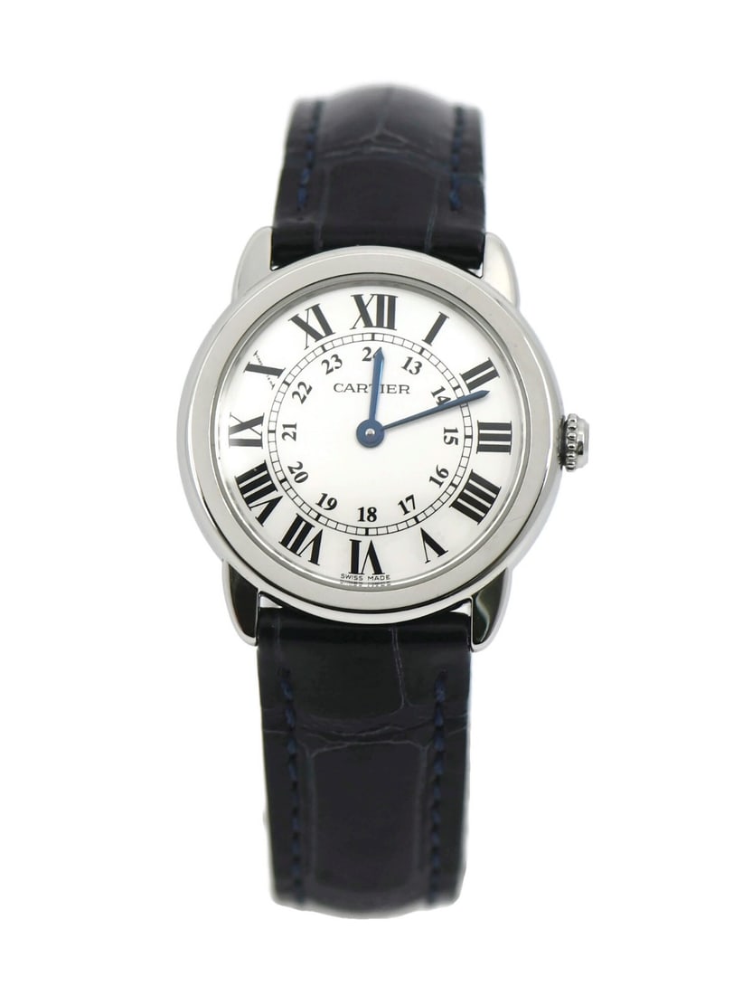 Cartier Ronde Solo Women Quartz Steel Black Leather Strap W6700155: Cartier Ronde Solo Women Quartz Steel Black Leather Strap W6700155 This Cartier Ronde Solo wristwatch features a polished stainless steel case with a smooth silver bezel and a solid caseback. The roun