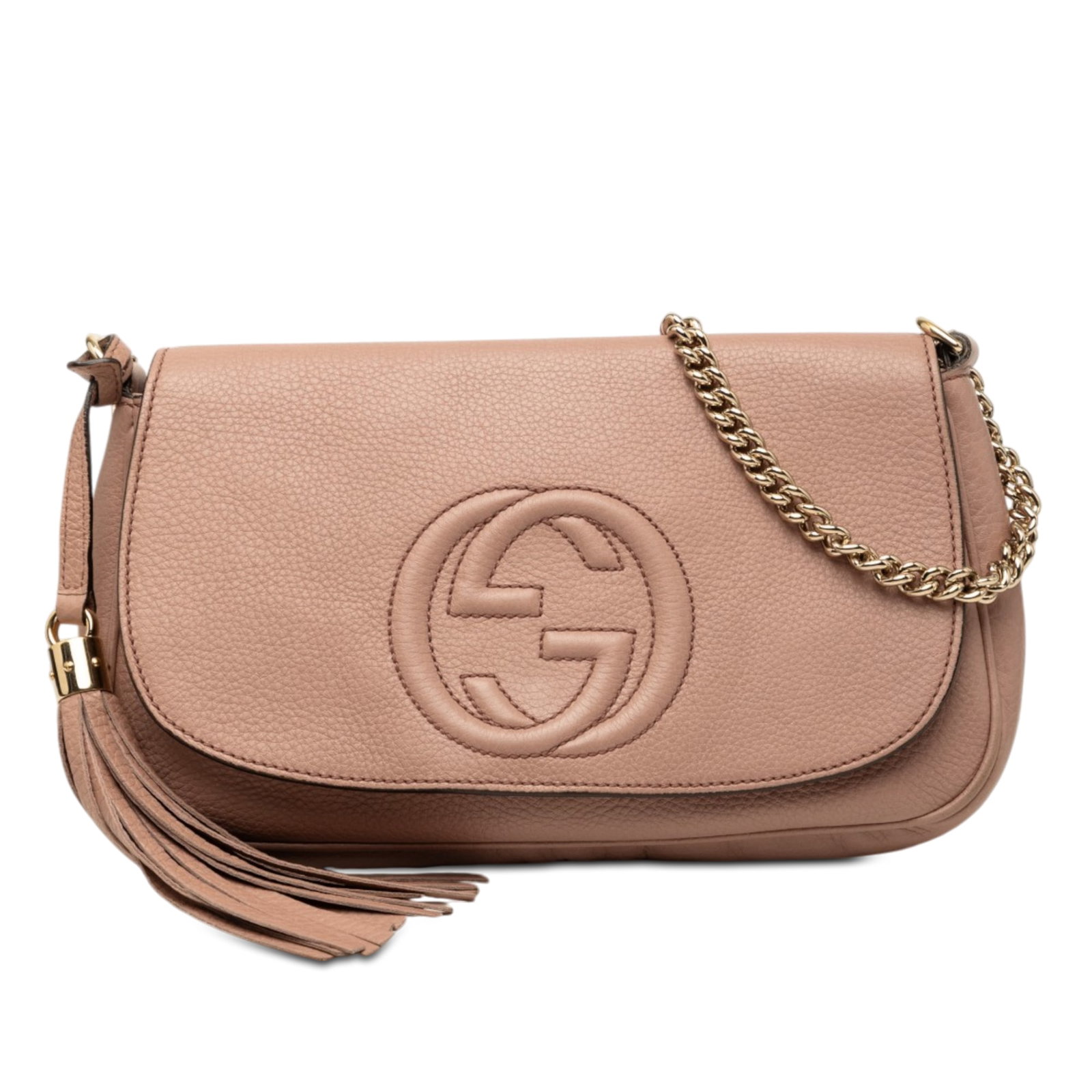 Gucci Soho Chain Flap Crossbody Bag Brown Calfskin Medium: Gucci Soho Chain Flap Crossbody Bag Brown Calfskin Medium Gucci Medium Calfskin Soho Chain Flap Crossbody in brown leather with a chain link shoulder strap and front flap magnetic closure. The interio