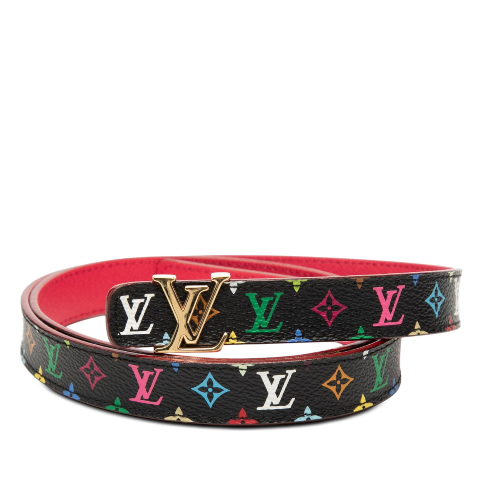 Louis Vuitton Monogram Multicolore canvas belt with gold-plated buckle: Louis Vuitton Monogram Multicolore canvas belt with gold-plated buckle This Louis Vuitton Monogram Multicolore LV Initiales Belt showcases a distinctive multicolore canvas design complemented by a gol