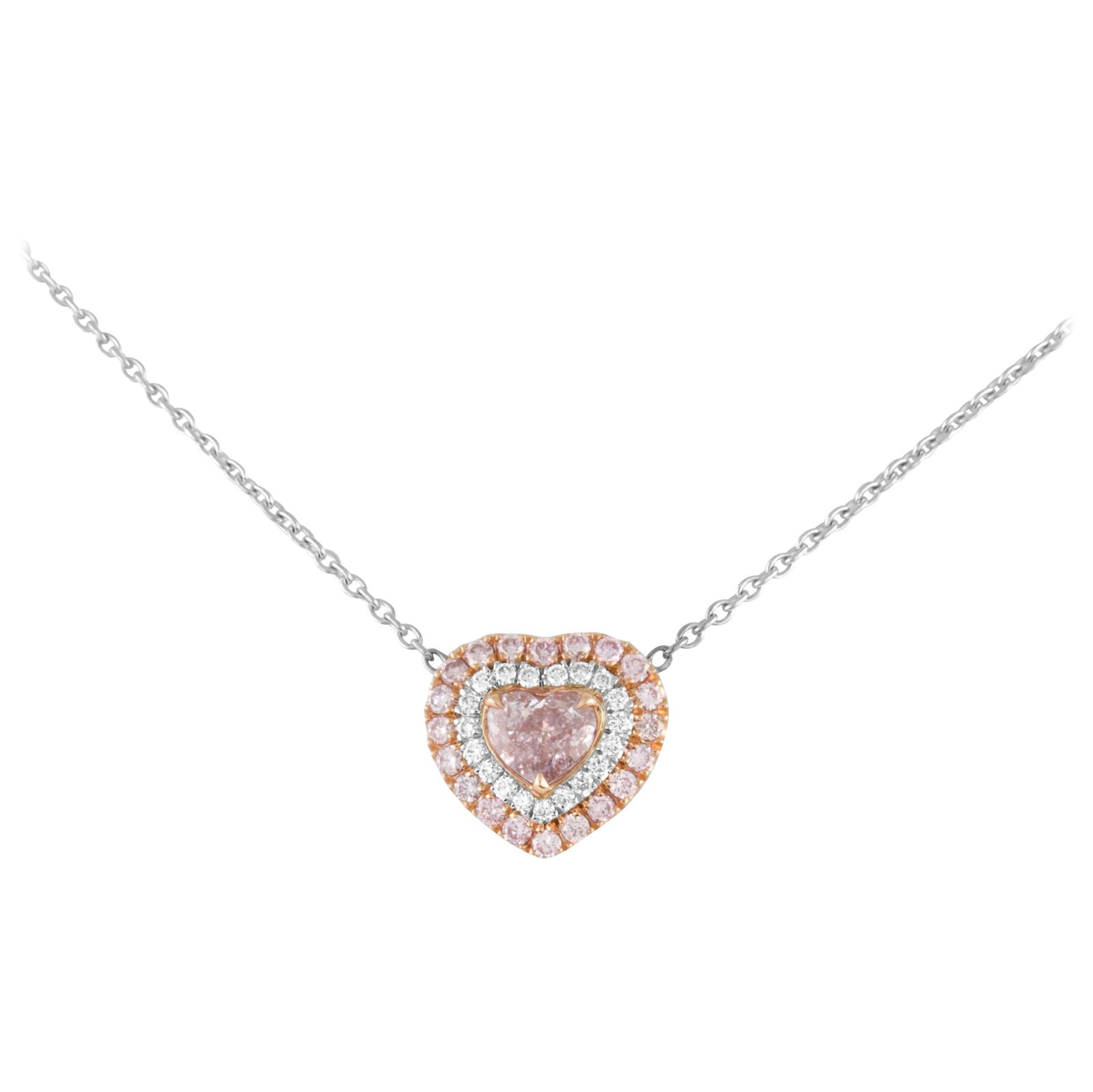 GIA Heart Pink Diamond 18k Pendant Necklace: GIA Heart Pink Diamond 18k Pendant Necklace This exquisite GIA Heart Pink Diamond Pendant Necklace is a stunning piece of high jewelry, crafted from 18k two-tone white and rose gold. The centerpiece f