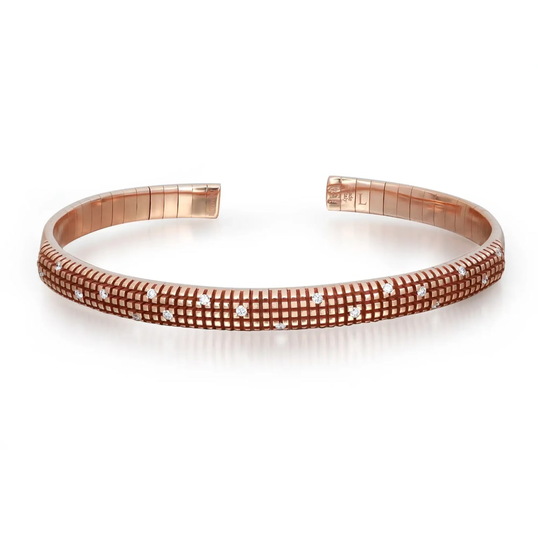 Damiani Metropolitan 18K Rose Gold Diamond Bangle Bracelet 0.32Ctw Adjustable: Damiani Metropolitan 18K Rose Gold Diamond Bangle Bracelet 0.32Ctw Adjustable Elevate your jewelry collection with this exquisite Damiani Metropolitan Diamond Open Flexible Bangle Bracelet. Crafted fr