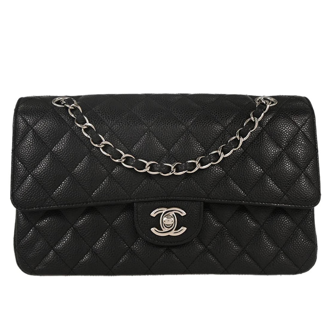 CHANEL Classic Double Flap Medium Black Leather Shoulder Bag: CHANEL Classic Double Flap Medium Black Leather Shoulder Bag Chanel Medium Classic Double Flap shoulder bag in black caviar skin leather with a turn-lock closure and shoulder strap. This women's bag f